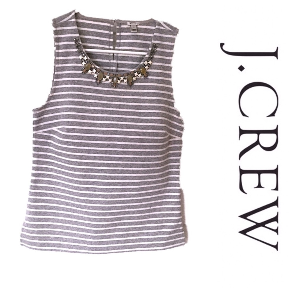 J Crew Grey & White Striped Top w/Jewel Neckline - NWOT